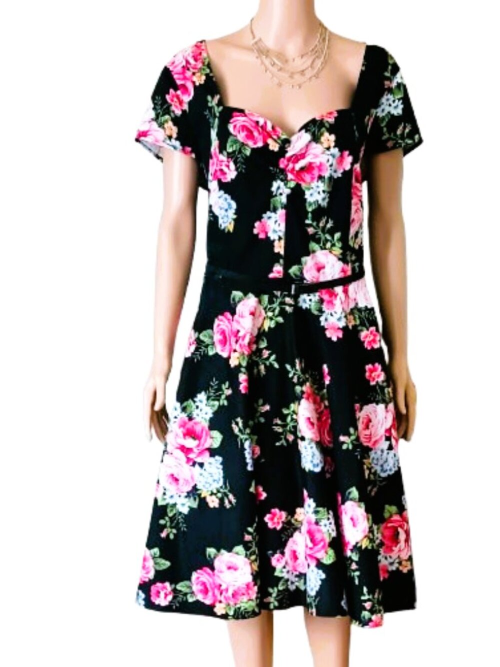 City Chic Floral Fit & Flare Dress L/20 Women's V-Neck Cap Sleeves Side Pockets